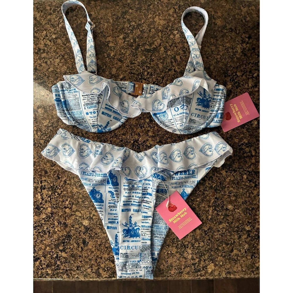 NWT New Strawberry Milk Mob Bikini Set Newspaper Print
